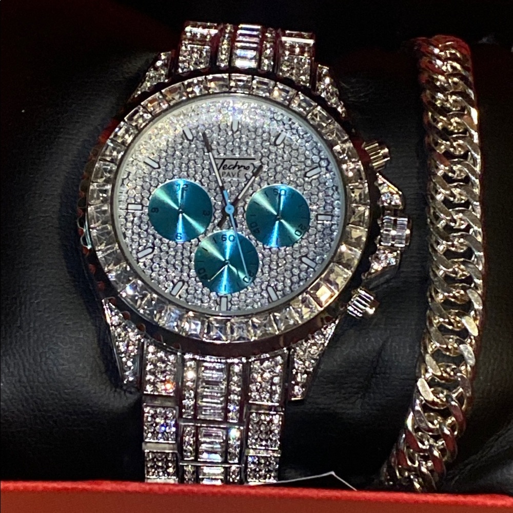 TECHNO PAVE WITE GOLD GP WATCH AQUA SILVER BEZEL .925 CURB BRACELET NEW BOX !!
